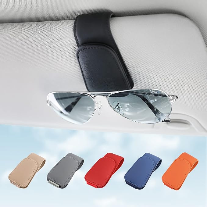 Sunglass Holder for Car Sun Visor, Magnetic Sunglasses Clip, Leather Glasses Eyeglass Holder and Ticket Card Clip, Auto Interior Accessories Universal for Car SUV Truck Pickup -Black
