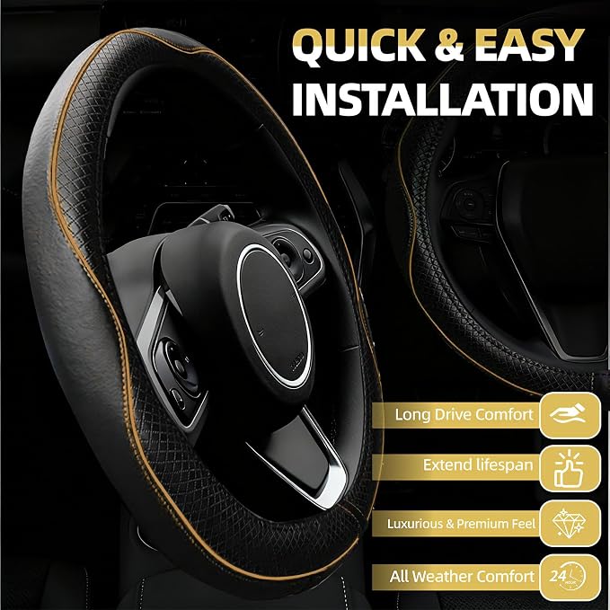 6 PCS Car Steering Wheel Cover Set, Microfiber Leather Steering Wheel Covers Universal 14.5-15 inch, Center Console Cover, Seat Belt Cushion, Cup Holder Coaster, Car Accessories Set Beige
