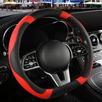 Black Red Microfiber Leather D Shaped Steering Wheel Cover | Breathable Anti Slip Grip Cool Sporty Look Glow for Women Men