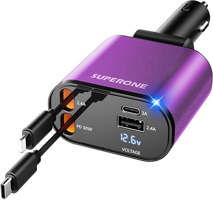 【Upgraded】 Retractable Car Charger 4 in 1, Fast Car Phone Charger with Cord 2.6ft, USB C and Apple Car Charger Adapter, Compatible with iPhone 17/16/15/15 Pro Max/14/13/12/11, Galaxy, Pixel