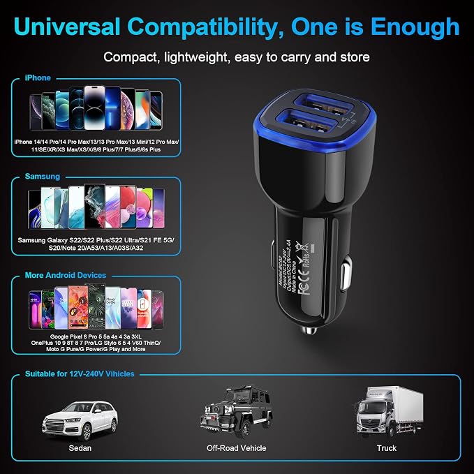 Car Charger iPhone, 5Pack 2.4A 12V USB Adapter Car Cigarette Lighter USB Charger Car Plug for iPhone 17 16e 16 15 14 13 12 11 SE XR XS X 8 7 6,Samsung Galaxy S25 S24 S23 S22 S21 S10 S9,Android,Kindle