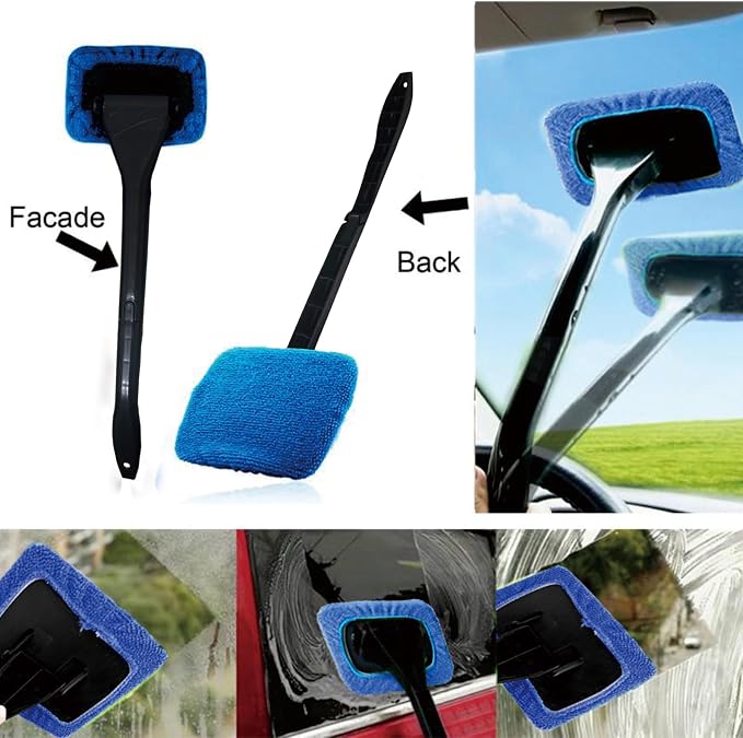 10pcs Car Windshield Cleaning Tool, Windshield Cleaner with 5 Washable and Reusable Microfiber Pads and Extendable Handle, for Auto Glass Wiper (Bule（10pcs）)