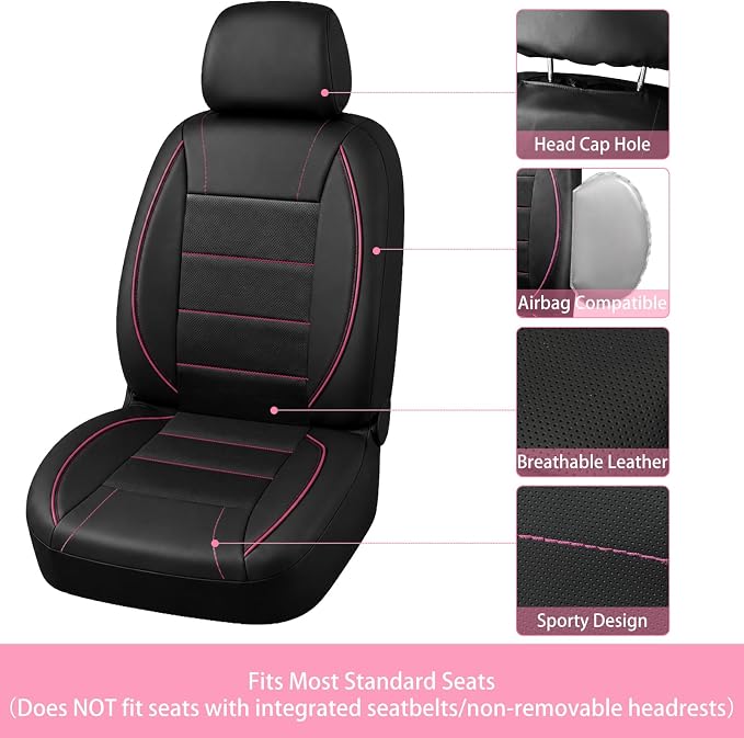 14 PCS Leather Car Seat Covers Full Set, 14.5”-15'' Sporty Steering Wheel Cover Universal, Center Console Cover, Seat Belt Cushion, Cup Holder Coaster, Car Interior Set Pink