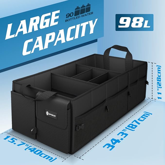 Trunk Organizer with Insulated Leakproof Cooler Bag, 98L Collapsible Car Storage Large Trunk Organizer for Car SUV Van with Removable Dividers & Adjustable Securing Straps