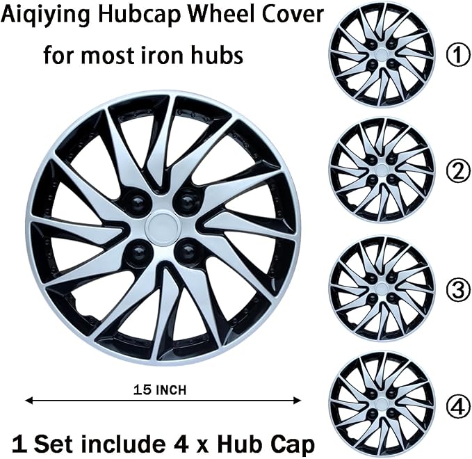 Hubcap Wheel Cover Replacement R15 Hub Caps Universal-Fit Steel Wheel Rim Cover ABS Material Exterior Accessories for Car Truck SUV -Set of 4（15-inch，Silver-Black）