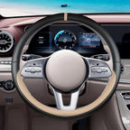 Black Beige Car Steering Wheel Cover, Nappa Leather, Bottom Color Blocking, Universal 14.5-15 Inch Leather Anti-Slip Breathable Auto Steering Wheel Covers for Men Women