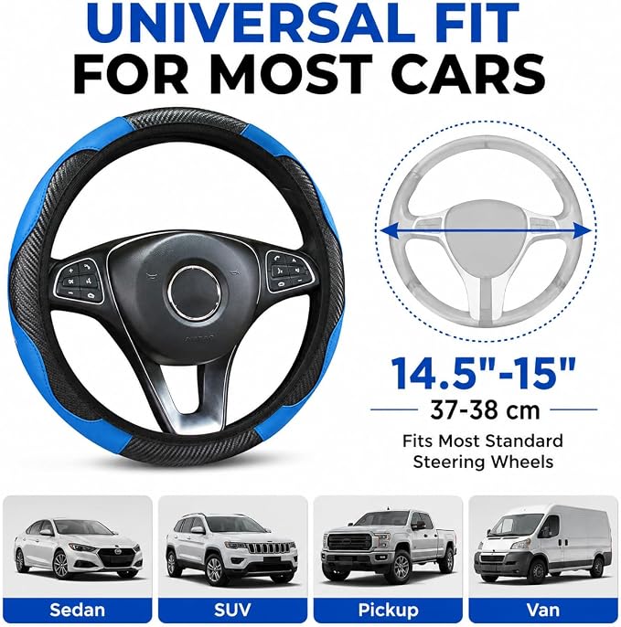 Car Steering Wheel Cover 15 inch, Microfiber PU Leather Elastic Steering Wheel Protector, Anti-Slip Breathable Car Interior Accessories for Most Cars (Blue)