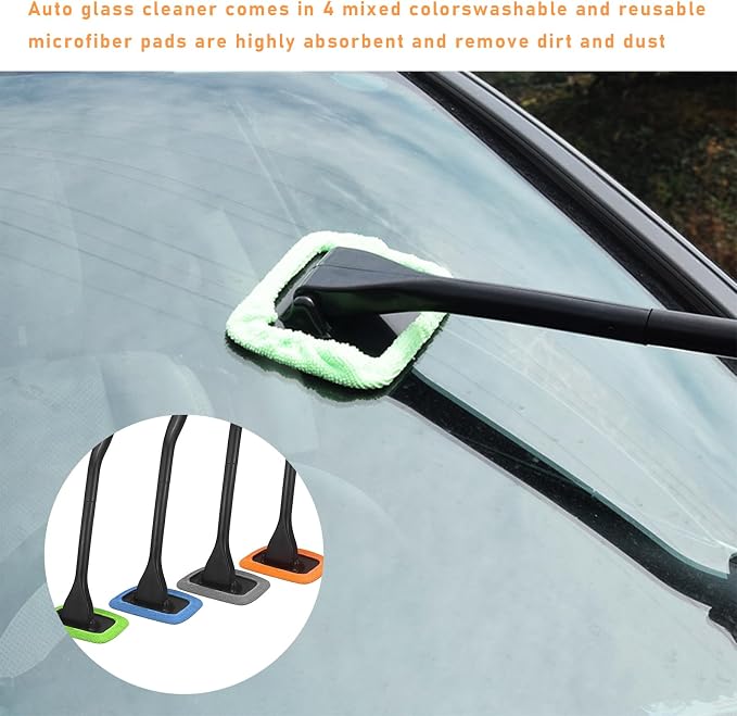 Car Windshield Cleaning Tool, Microfiber Window Cleaner with 4 Washable and Reusable Cloth Pad & Long Handle, Auto Glass Wiper Cleaning Kit with Spray Bottle, Car Accessories