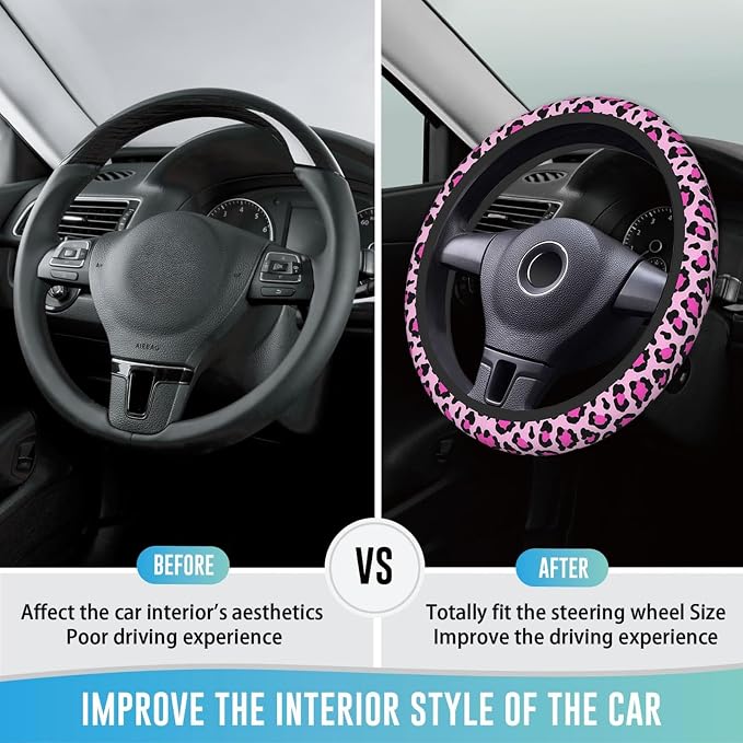 Elastic Steering Wheel Cover Car Accessories Cute Universal 15 Inch Absorbing Sweat Non-Slip Breathable for Woman - Pink Leopard Printed