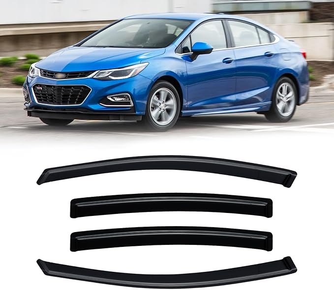 Rain Guards for 2016-2019 Chevrolet Chevy Cruze, Out-Channel Window Visor Shields Vent Deflector Shade Wind Dark Smoke 2017 2018 16 17 18 19, Tape-On Outside-Mount, 4PCS