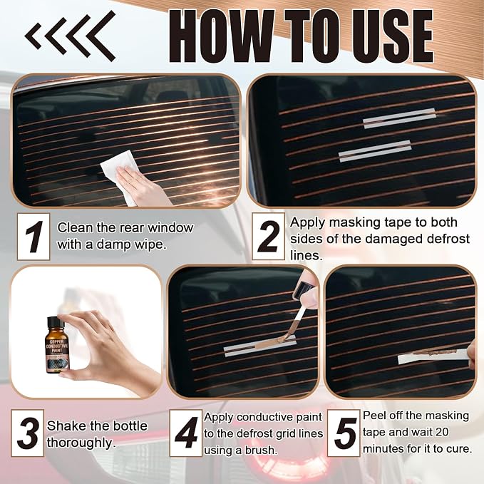 Rear Defroster Repair Kit, Copper Conductive Paint for Repairing Rear Window Defroster Screens with Brush Wipes Masking Paper Strong Adhesion and Fast Repair Performance, 10 Ml