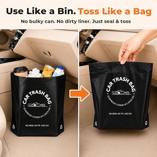 Disposable Car Trash Bags, 20 Count Stand-Up & Stick-On Car Garbage Bags, 2 Gallon Leakproof Odor Seal Heavy Duty Car Trash Can Alternative for Car SUV Truck