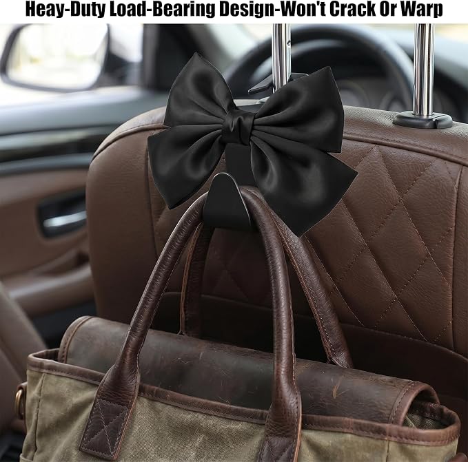 2 Pack Cute Bow Car Seat Headrest Hooks, Purse Hook for Car, Car Purse Hanger for Bags, Backseat Storage Organizer, Universal Vehicle Hooks for Women, Sedan SUV Truck, Black