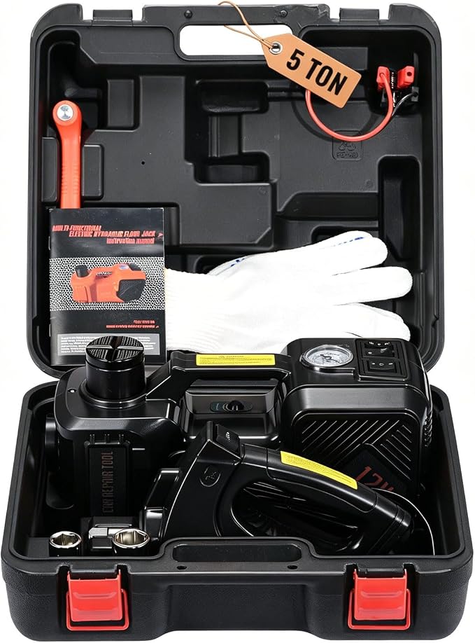 Electric Car Jack Kit 5 Ton 12V Floor Jack Portable Hydraulic Car Jack with Impact Wrench and Tire Inflator Pump for SUV Sedans Tire Change with LED Light, Lifting Height 6 to 17.7 Inch(Black)