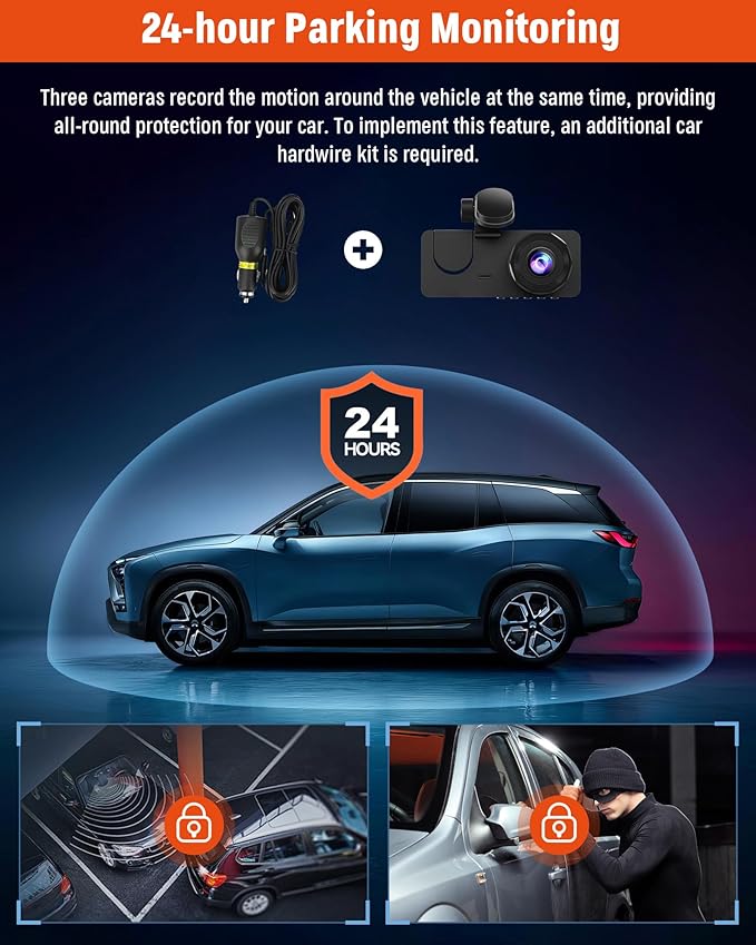 3 Channel Dash Camera for Cars, 4K+1080P Full HD Dashboard Camera, Dash Cam Front and Rear Inside with 32GB SD Card,2.0 inch IPS Screen, IR Night Vision,G-Sensor,Loop Recording,24H Parking Monitor