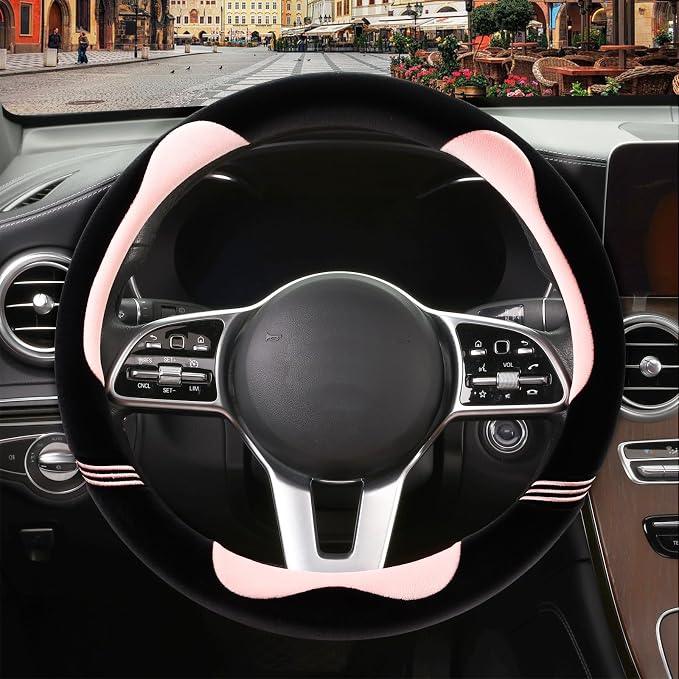 Furry Cute Soft Steering Wheel Cover 15 inch Black with Pink | Fluffy Short Plush Car Accessories, Non-Slip Cold-Proof Sweat-Proof Colorfast, Universal 14.5 inch to 15 inch