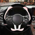 Furry Cute Soft Steering Wheel Cover 15 inch Black with Pink | Fluffy Short Plush Car Accessories, Non-Slip Cold-Proof Sweat-Proof Colorfast, Universal 14.5 inch to 15 inch