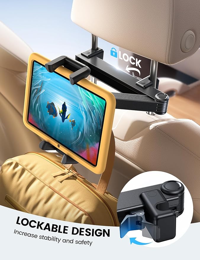 Car Headrest Tablet Holder - [Lockable] [Thick Case Friendly] [Foldable Clip] Car Backseat Tablet Mount, Gifts Car Accessories for Kids, for iPad Pro, Air, Mini, Fire HD, 4.7-13" Tablets