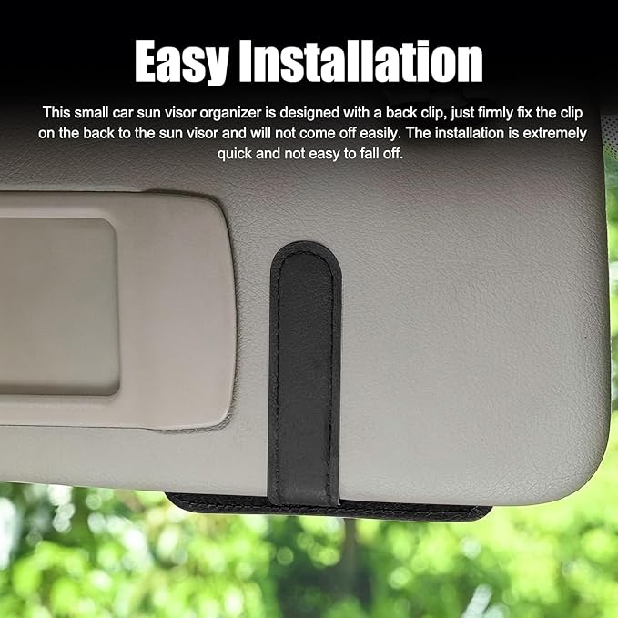 Car Sun Visor Organizer, Multi-Pocket Leather Auto Visor Storage Bag with Clip-on Design, Car Interior Organizer for Cards, License, Sunglasses and Pens, Universal for Most Cars (Black)