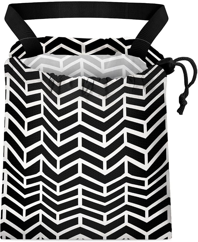 Car Trash Bag Hanging Back of Seat Waterproof Small Cute Printed One-Handed Strap Drawstring Garbage Bags for Car-Black White