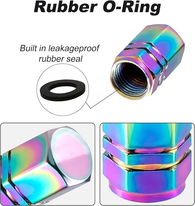 Colorful Aluminum Tire Stem Valve Caps Wheel Valve Covers Car Dustproof Tire Cap Cover Accessories, Universal for SUV, Car, Bike and Motorcycle，Hexagon Shape (4PCS)