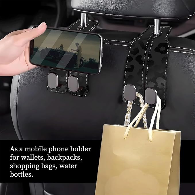 Car Seat Headrest Hook, Universal Leather Cute Hanger Holder Hook, Storage Organizer Interior Accessories for Purse Bags Handbag Black Luxury Leopard