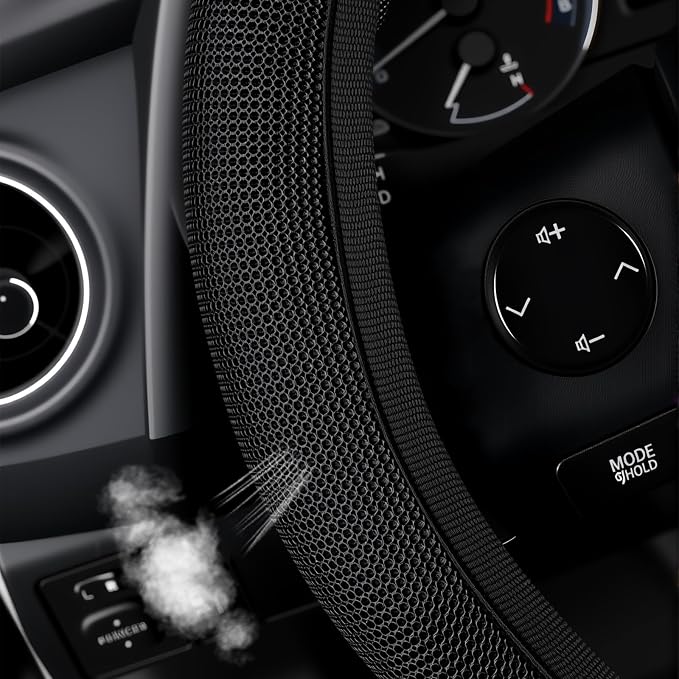 Black Mesh Steering Wheel Cover, Universal 15 inch, Elastic Stretch Microfiber Breathable Ice Silk Cover, Anti-Slip, Odorless, Sweat Absorption, Warm in Winter and Cool in Summer