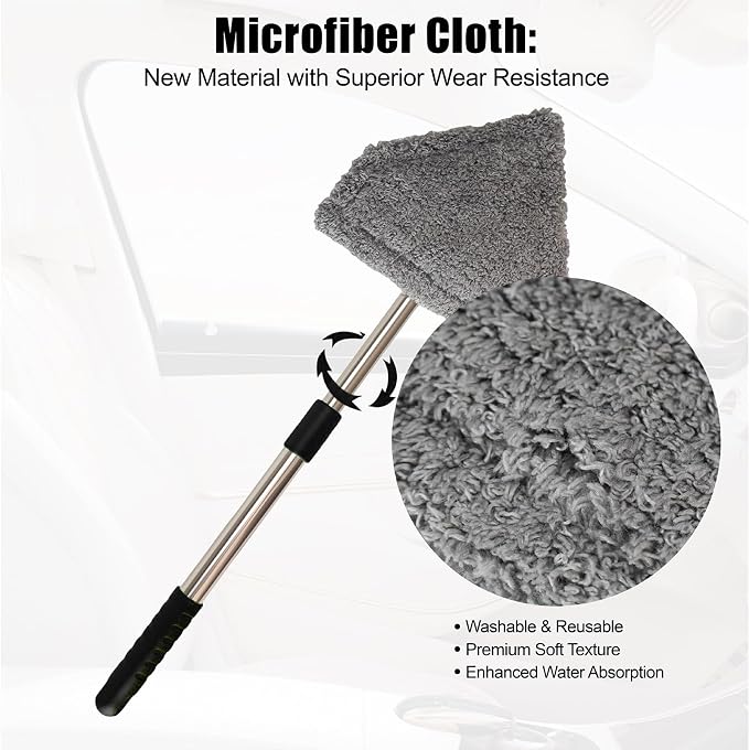 Conliwell Windshield Car Cleaning Tool, 13-16.7-inch Extendable Handle with 180-Degree Rotation and 4 Reusable Microfiber Cloth Heads, Suitable for Cleaning Car Windows Inside and Out (Black)