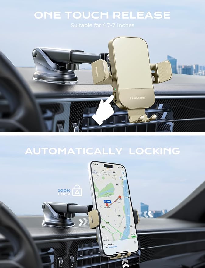 Wireless Car Charger, 15W Fast Charging Auto Clamping Car Charger Phone Mount Phone Holder fit for iPhone 15 14 13 12 11 Pro Max Xs, Samsung Galaxy S24 Ultra S23 S22 S21, S20, S10+, Khaki