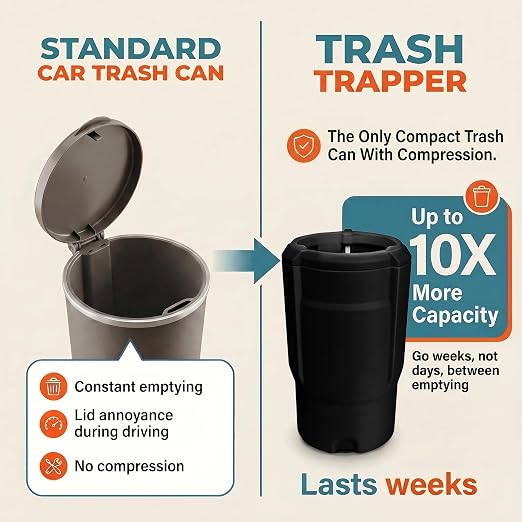 Car Trash Can Cup Holder | Mini Car Trash Can | Fits in Most Doors | 5.1" x 2.9" | Traps More & Empties Less, Patent-Pending Compaction, Holds Weeks of Small Garbage, Black/Teal
