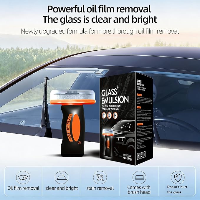 Glass Emulsion Cleaner, Windshield Cleaner, Car Windshield Cleaner Tool Roll-On Glass Compound with Cleaning Board, Removes Oil Film & Smudges, Improve Windshield Clarity for Safe Driving(100ml+Brush)