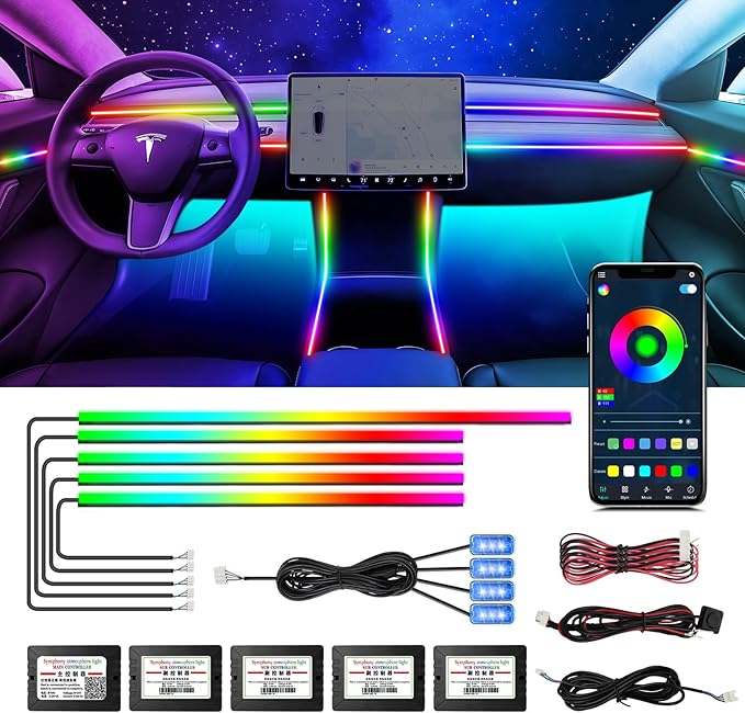 Tesla Dreamcolor Interior Car Lights, Tesla Car Accessories 9 in 1 Car LED Strip Lights with APP Control and 213 Modes, 175 inches 593 LEDs Acrylic Fiber Optic Lights, RGB Neon Car Lighting