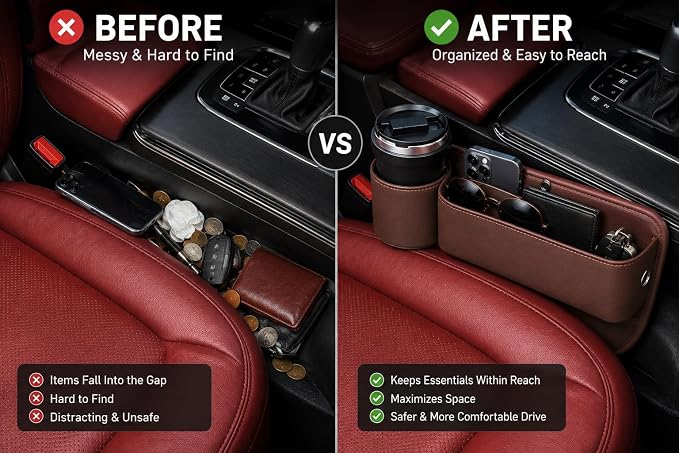Car Seat Gap Filler Organizer with Cup Holder, Premium Leather Seat Gap Filler, Anti-Drop Car Seat Gap Organizer for Phone, Keys & Wallet, Universal Front Seat Console Organizer for Car, SUV & Truck