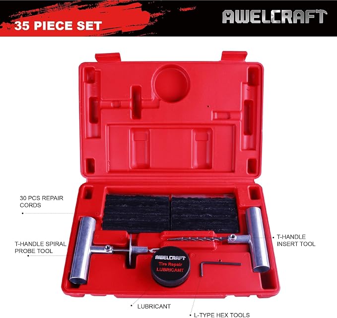 35-Piece Heavy Duty Tire Plug Kit – Professional Flat Tire Repair for Car, Truck, Motorcycle, ATV, SUV – T-Handle Tools, Storage Case – Easy Puncture Repair, No Tire Removal Needed