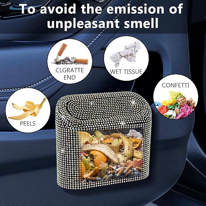 Car Trash Can with Lid, Bling Crystal Mini Vehicle Trash Bin Car Dustbin Garbage Organizer, Automotive Garbage Can Bin Trash Container for Auto Cars, Home, Office - Multicolor …