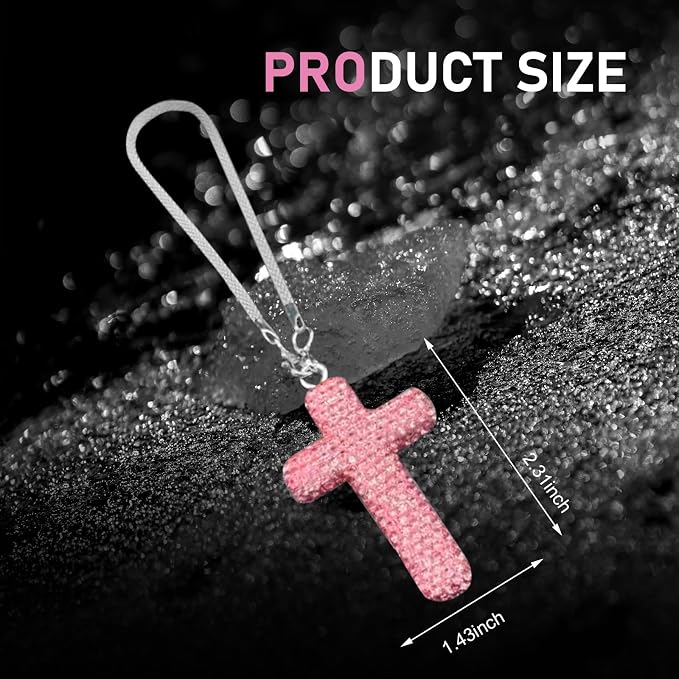 Bling Cross Car Hanging Accessories, Crystal Rhinestone Rear View Mirror Pendant, Religious Rearview Mirrors Decoration Charm, Car Hanging Ornament, Automotive Interior Accessories (Pink)