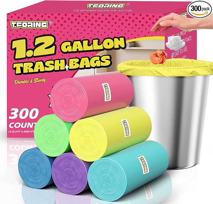 Mini Trash Bags 1.2 Gallon Unscented, 0.82 Mil, Colored,300 Count | 4.5 Liter Garbage Bag, Plastic Wastebasket Liners, Leakproof, Tear Resistant,for Under-sink Bins, Bedside Cans, Bathroom Bulk