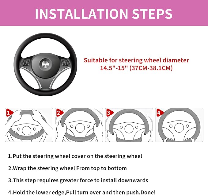 Car Steering Wheel Cover 15 inch, Microfiber PU Leather Elastic Steering Wheel Protector, Anti-Slip Breathable Car Interior Accessories for Most Cars (Pink)