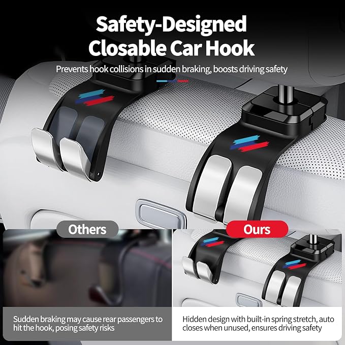 2 PCS Car Headrest Hook Safe Foldable Hidden Seat Hooks, Strong Load Capacity ABS Seat Hanger for Purse Bag Bottle Storage Organizer, for BMW 3 4 5 X1 X3 X5 Accessories with Sporty 3-Color Logo