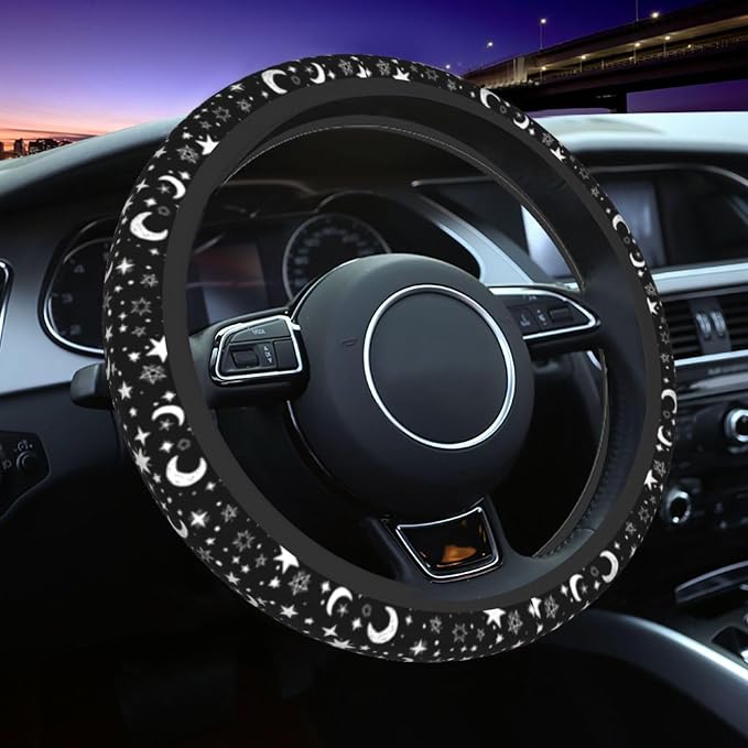 Black and White Star Moon Steering Wheel Covers Non Slip Neoprene Steering Wheel Protector Cover Universal 15 Inch for Men Women Car Truck
