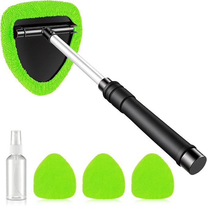 Windshield Cleaner Tool, Car Interior and Exterior Window Cleaning Kit with Extendable Handle & 4 Reusable Microfiber Pads, Auto Glass Wiper Brush Kit for Car & Home Windows (Green)