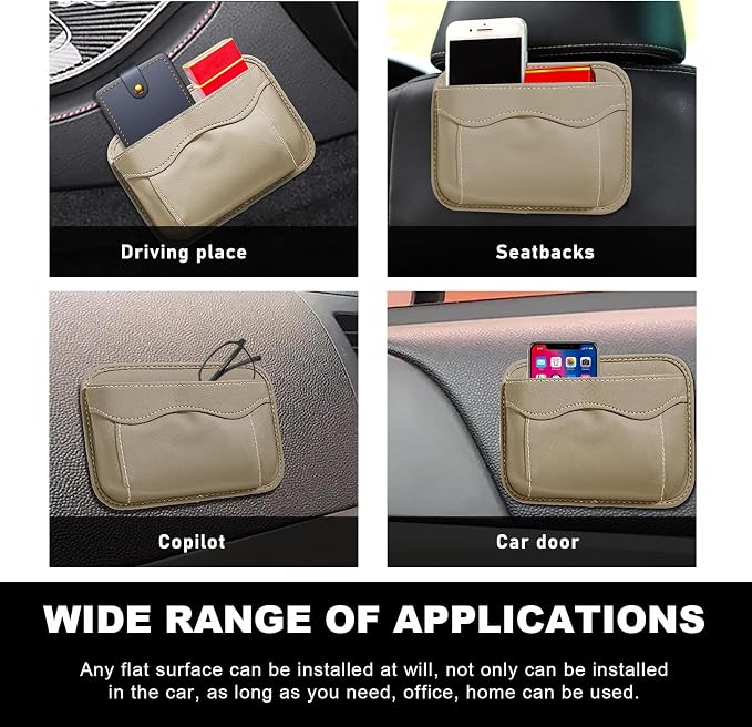 Car Seat Side Pocket Organizer, PU Leather Cell Phone Sunglasses Storage Pocket, Mini Seat Gap Filler Pouch for Auto Seat Door Window Console, Interior Car Accessories (Beige)