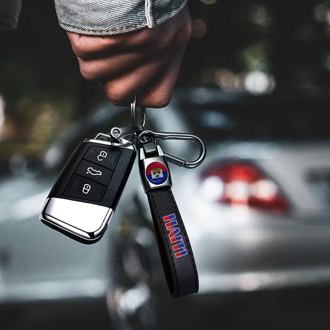 Haiti Flag Tire Valve Stem Caps and Genuine Leather Car Keychain Keyring Compatible with Haiti Flag Accessories