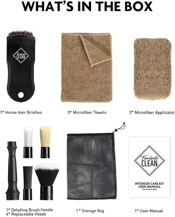 9PCS Car Interior Detailing Set, Microfiber Cloth & Applicator, Double-Head Detailing Brushes, Natural Bristles, Scratch-Free, Ultra-Soft for Seats Leather Care or Cleaning