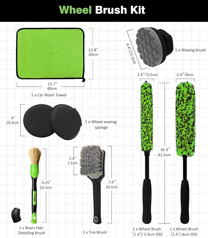 8PCS Ultimate Wheel and Tire Brush Kit | 2-Size 360° Bendable Rim Brushes, Boar Hair Detailing Brush, Tire Shine Applicators & Microfiber Towel | Complete Scratch-Free Cleaning & Shining Set
