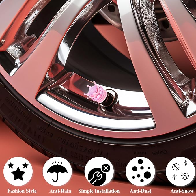 4PCS Crown Bling Tire Stem Valve Caps, Crystal Diamond Car Wheel Tire Valve Caps Universal Copper Core Stem Covers for Cars, SUV, Trucks, Bikes, Motorcycles, Bicycles (Pink)