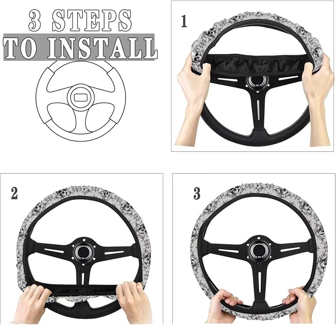 Steering Wheel Protection for Most Cars Interior Accessories | Skull Bat Grey Automotive Steering Wheel Cushion, Halloween Decor, Anti-slip Universal 14-15 inch, Easy Install