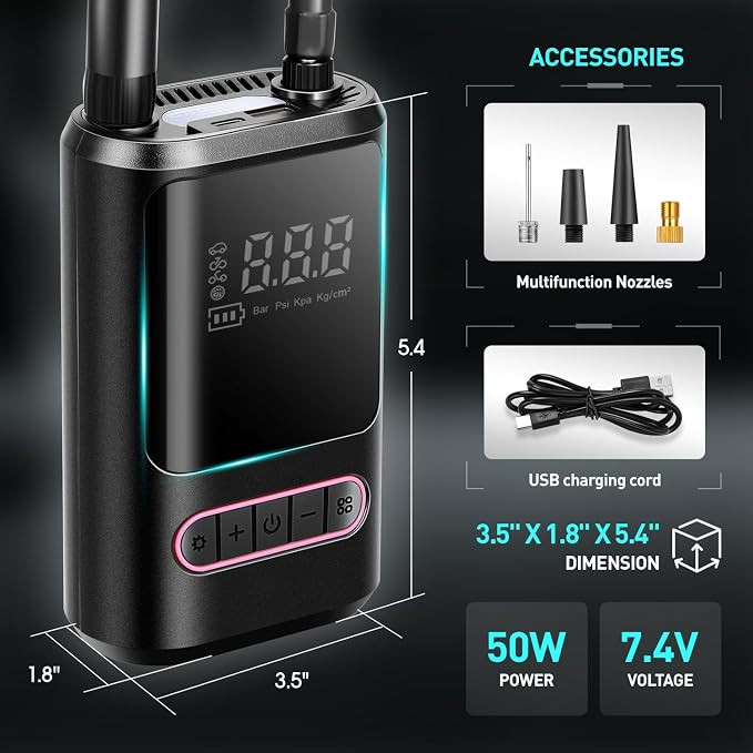 Tire Inflator Portable Air Compressor, 150PSI Cordless Air Pump for Car, Bike, Motorcycle, Ball, Electric Bike Tire Pump with Pressure Gauge, LED Light, Pink, TOOLS-00678-PK