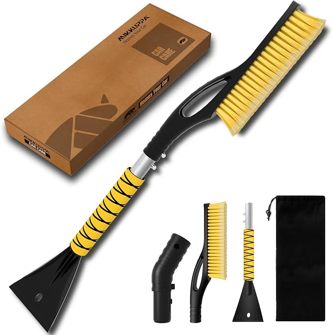 27" Snow Brush and Ice Scrapers for Car Windshield, Yellow | Detachable Windshield Scraper, Snow Removal Tool with Curved Connector & Ergonomic Foam Grip for Cars, Trucks, SUVs