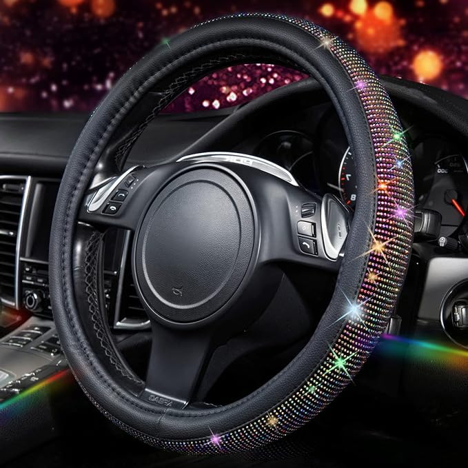 Diamond Leather Steering Wheel Cover, with Bling Crystal Rhinestones Fit Suvs,Vans,Sedans,Cars,Trucks Universal Fit 14.5-15inch Crystal Glitter for Women Sparkle Girl, Multicolor Diamond